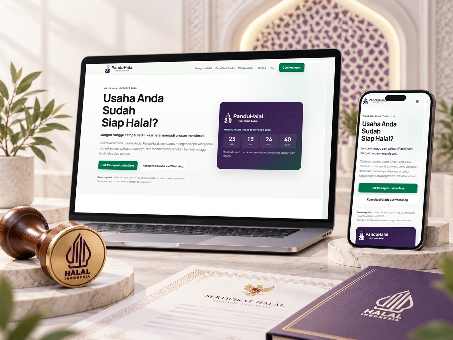 PanduHalal ditampilkan pada laptop dan ponsel dalam flagship scene layanan sertifikasi halal.