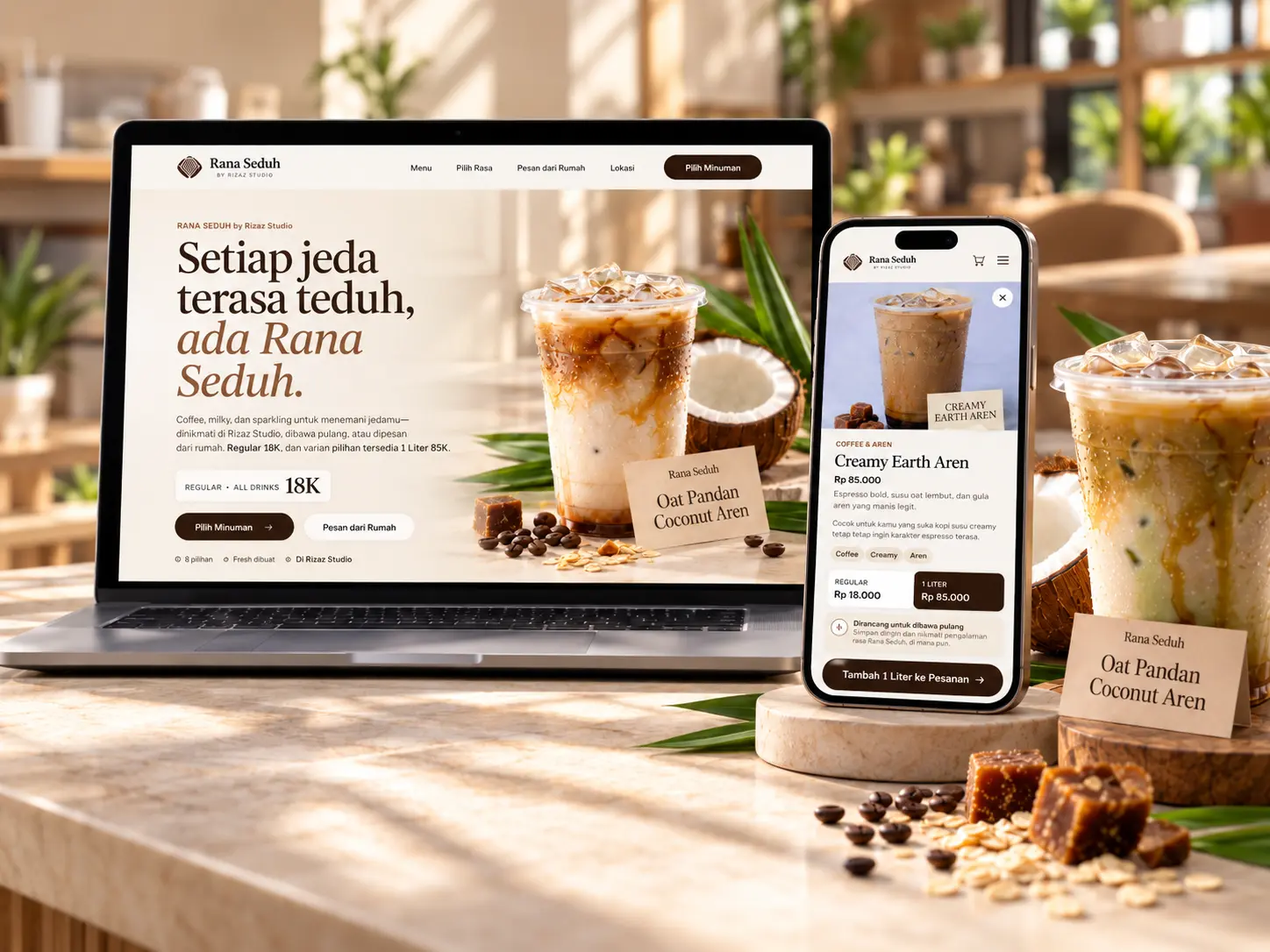 Pengalaman digital Rana Seduh dengan tampilan produk dan pemesanan.